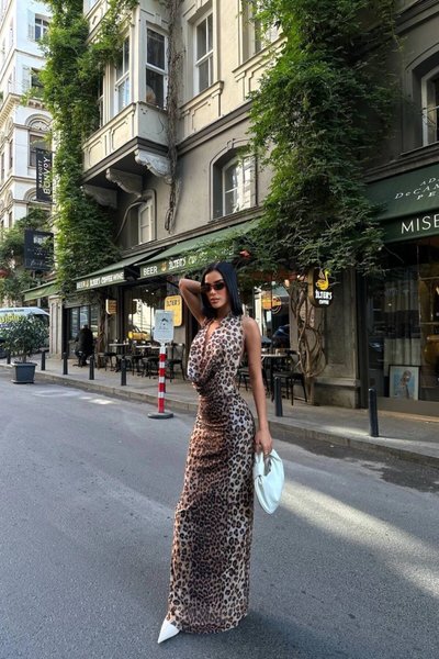 Milky Coffee Long Backless Dina Cowl Neck Leopard Evening Dress