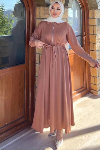 Taba Fitilli Örme Kumaş Fermuar Detaylı Tesettür Elbise
