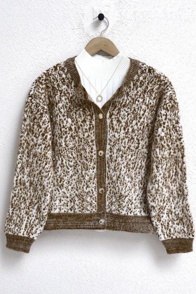Tan Fluffy Cardigan with Metal Buttons and Stone Details