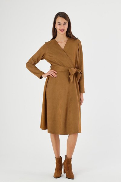 Taba Midi Süet Kuşaklı Kruvaze Yaka Detaylı Kışlık Kloş Elbise