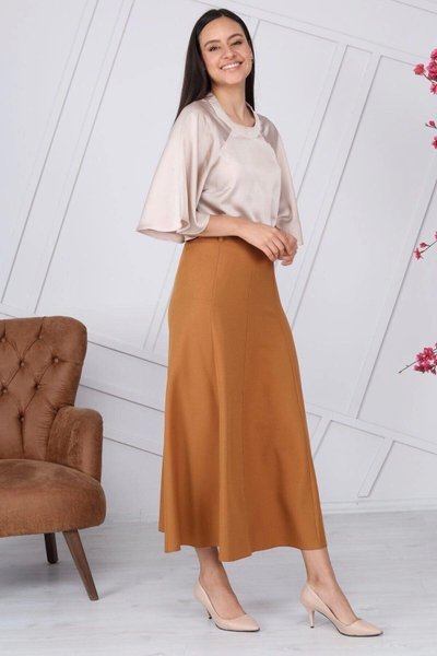 Taba Uzun Mevsimlik Kemer Detaylı Parçalı Kloş Etek