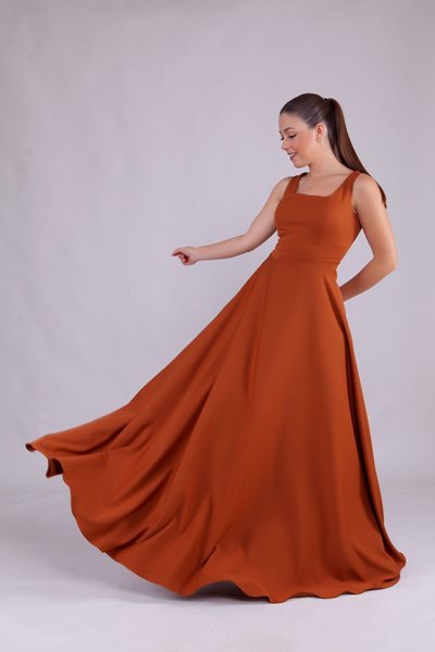 Cinnamon Long Strap Square Neck Evening Dress