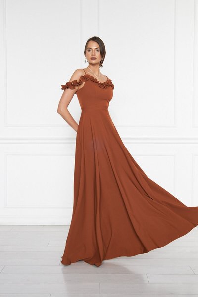Cinnamon Long Adjustable Strap Ruffle Detail Woven Fabric Flared Evening Dress
