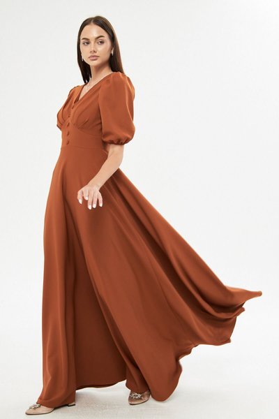 Cinnamon Long Balloon Sleeve V Neck Corset Belt Detail Decorative Button Pleated Bust Draped Fabric Evening Dress