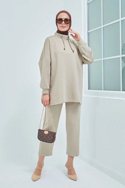 Taş Dalgıç Kumaş Bağcıklı İkili Tesettür Takım