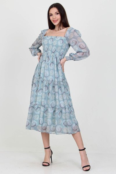 فستان شيفون أنيق جداً بتصميم زهور متوسط وياقة مربعة مطاطية توركواز