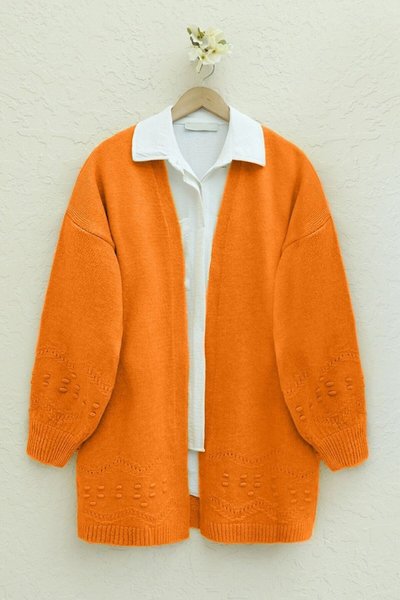 Orange Knitted Cardigan with Pompom Sleeves and Hem