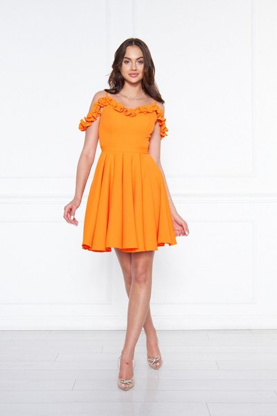 Orange Mini Adjustable Strap Ruffle Detail Woven Fabric Pleated Flared Evening Dress