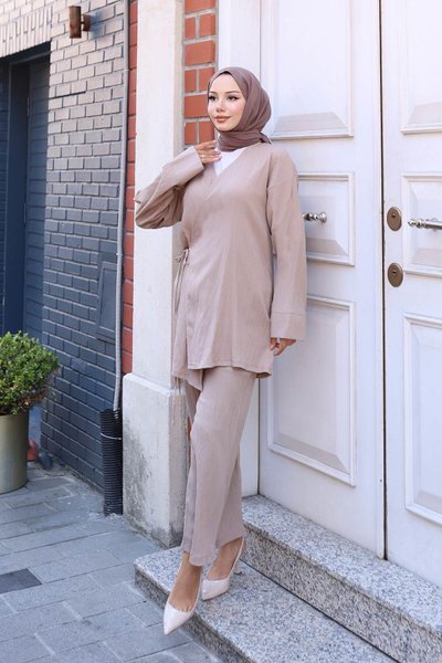 Vizon Bağlama Detaylı Kimono İkili Tesettür Takım