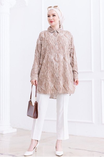 Mink Striped Pattern Full-Length Buttoned Viscose Tunic