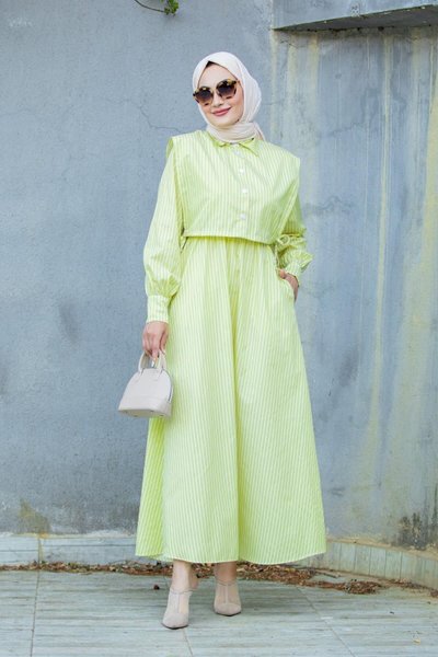 Yağ Yeşili Cepken Detaylı Çizgi Desenli Pamuk Tesettür Elbise
