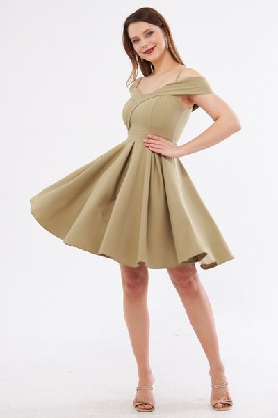 Oil Green Midi Strap Boat Neck Detail Pleated Flared Evening Dress
