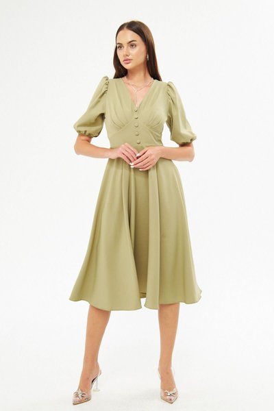 Olive Green Midi Balloon Sleeve V-Neck Corset Belt Detail Decorative Button Pleated Bust Woven Draped Fabric Evening Dress