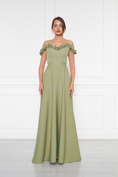Oil Green Long Adjustable Strap Frill Detail Woven Fabric Flared Evening Dress
