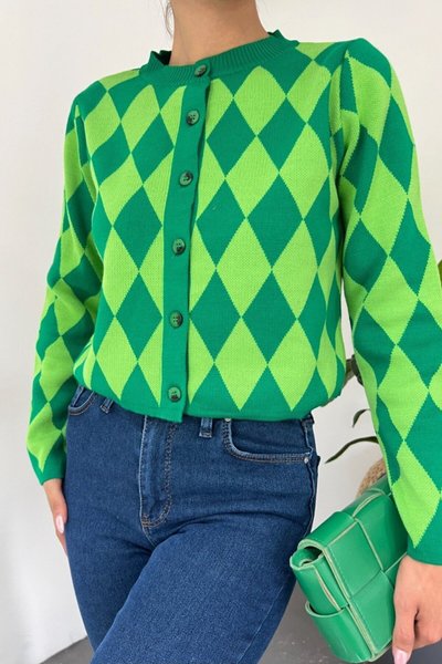 Green Crew Neck Buttoned Argyle Pattern Cardigan