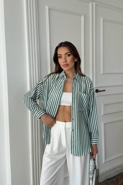 Green Striped Oversize Fit Single Pocket Shirt