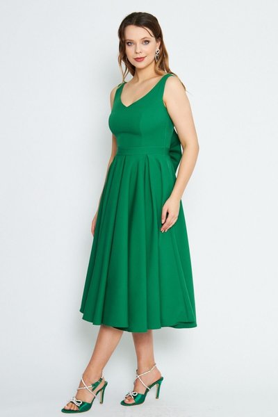 Green Midi V-Neck Pleated Flare Evening Dress with Bow Back and Decorative Buttons