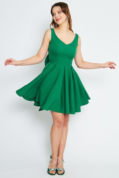 Green Mini Strappy Dress with Bow Back and Decorative Buttons, V-Neck Pleated Flared Evening Dress