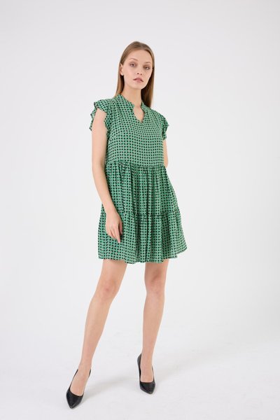 Green Mini Print Viscose V-Neck Angel Sleeve Dress with Flounce Hem Detail