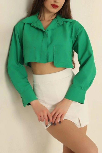 Green Poplin Crop Shirt