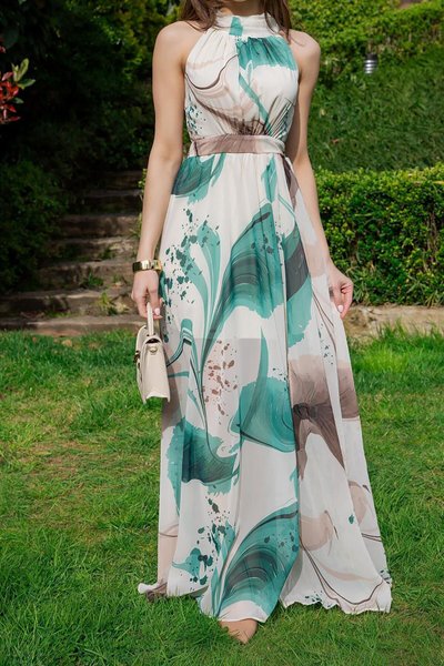 Yeşil Uzun Astarlı Sıfır Kol Desenli Şifon Elbise