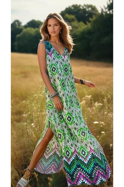 Green Long Viscose Thick Strap Ethnic Print Flowy Dress