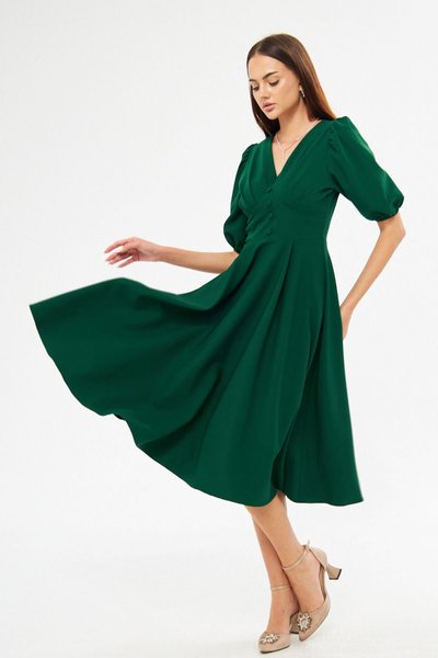 Zümrüt Midi Balloon Sleeve V-Neck Corset Belt Detail Decorative Button Pleated Chest Woven Draped Fabric Evening Dress