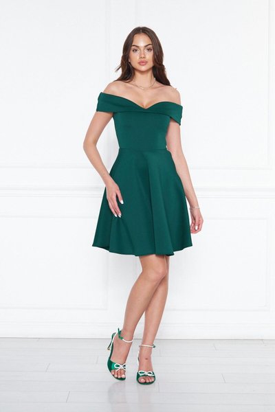 Emerald Midi Sweetheart Neck Off-Shoulder Stretch Scuba Fabric Flared Evening Dress