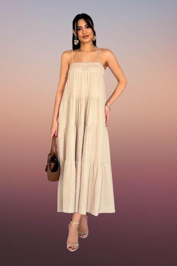 Beige Long Summer Cotton Muslin Dress with Shirred Detail and Straps | Moda  Amore