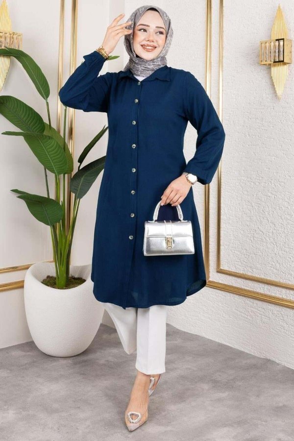 Navy Blue Elastic Cuff Viscose Tunic Mec Fashion