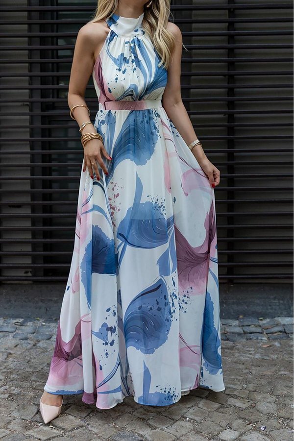 Blue Long Lined Sleeveless Patterned Chiffon Dress | XXL BUTK