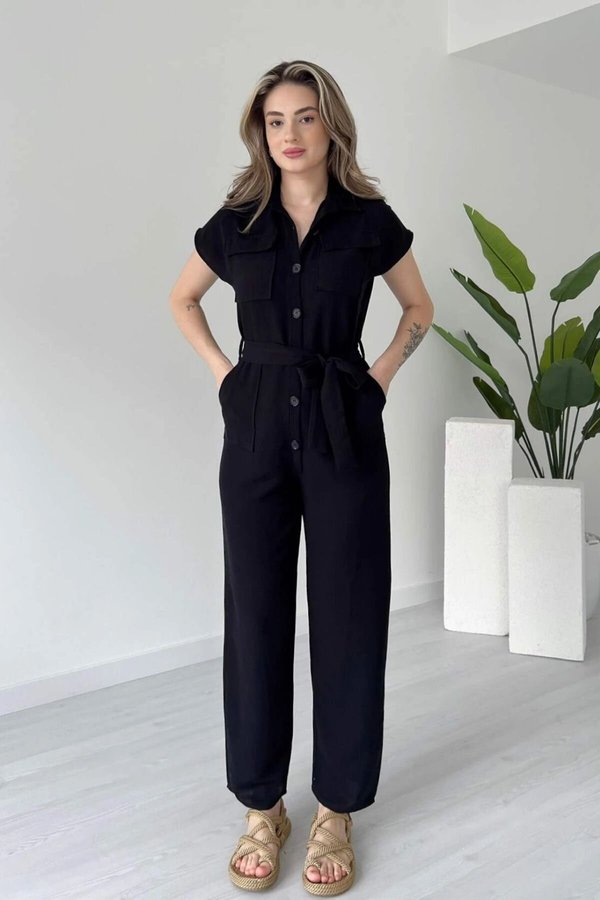 Black Buttoned Pocketed Belted Linen Jumpsuit MOZENA