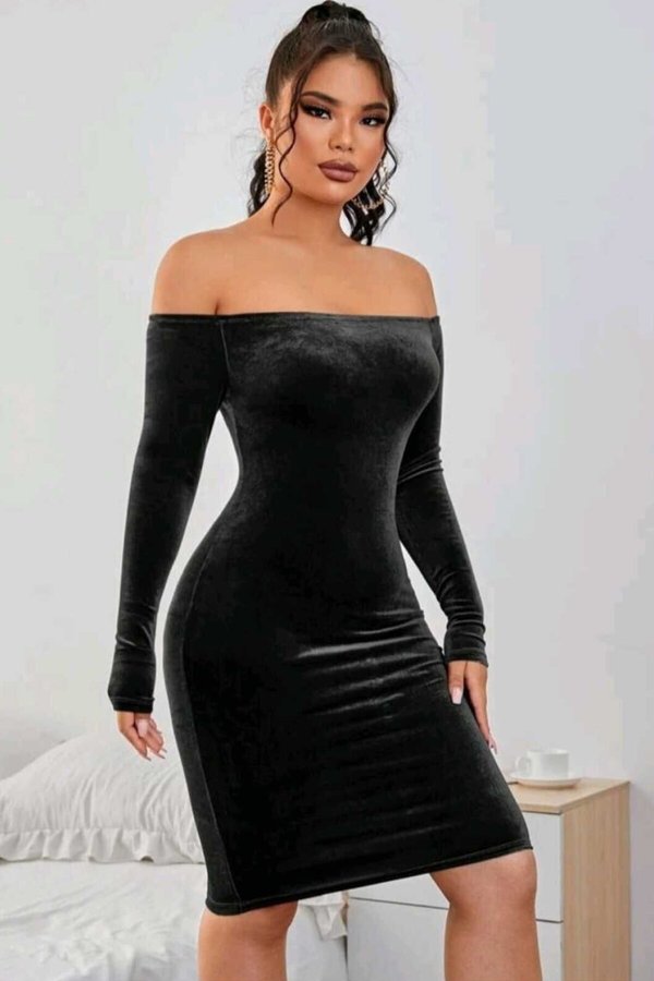 black velvet pencil dress Black Velvet Pencil Dress With Glitter Applications And Asymmetric Nec main image 1