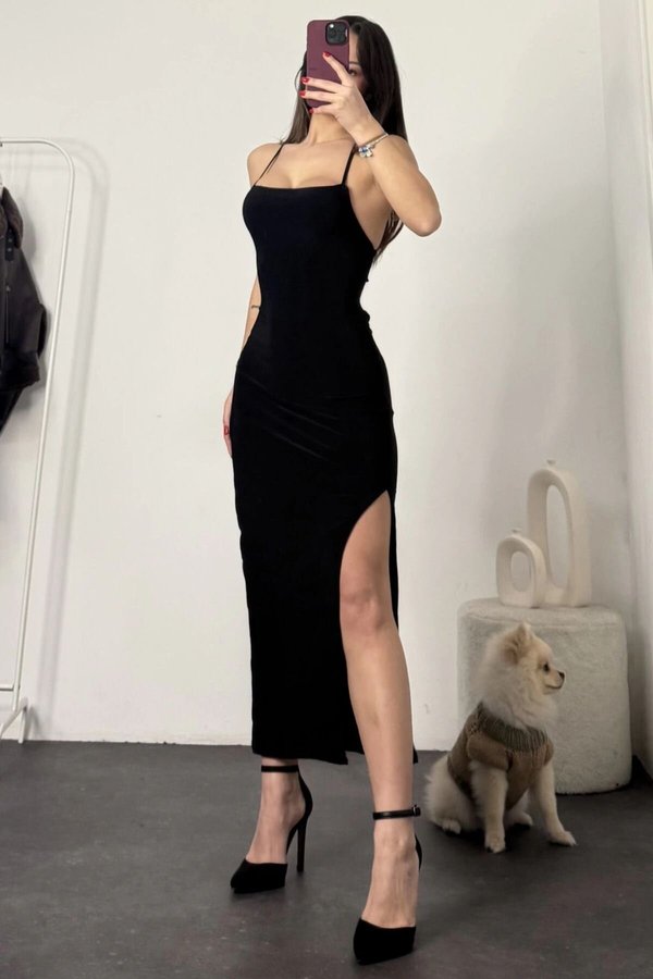 Black Long Backless Strappy Cross-Tie Detail High Slit Evening Dress |  MOZENA
