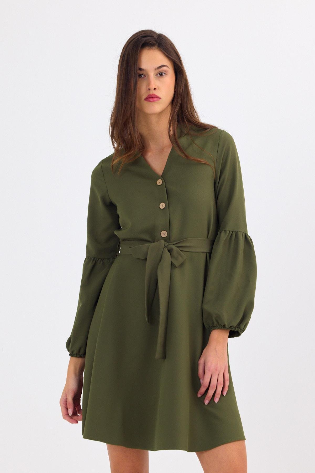 Green Mini Woven Fabric Four Seasons Front Buttoned Balloon Sleeve Detailed Dress - APSEN