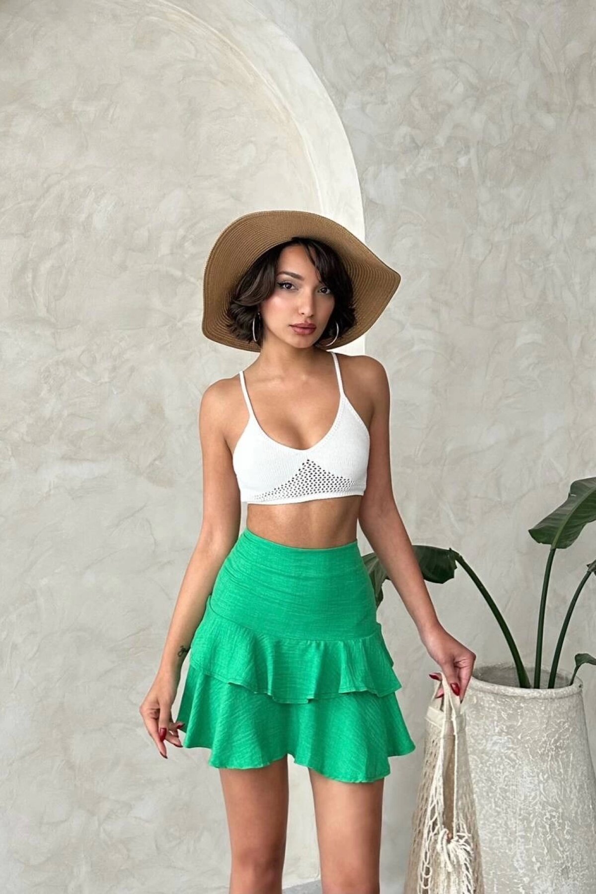 Green Mini Flounced Ruffled Skirt - Özer&Hermin