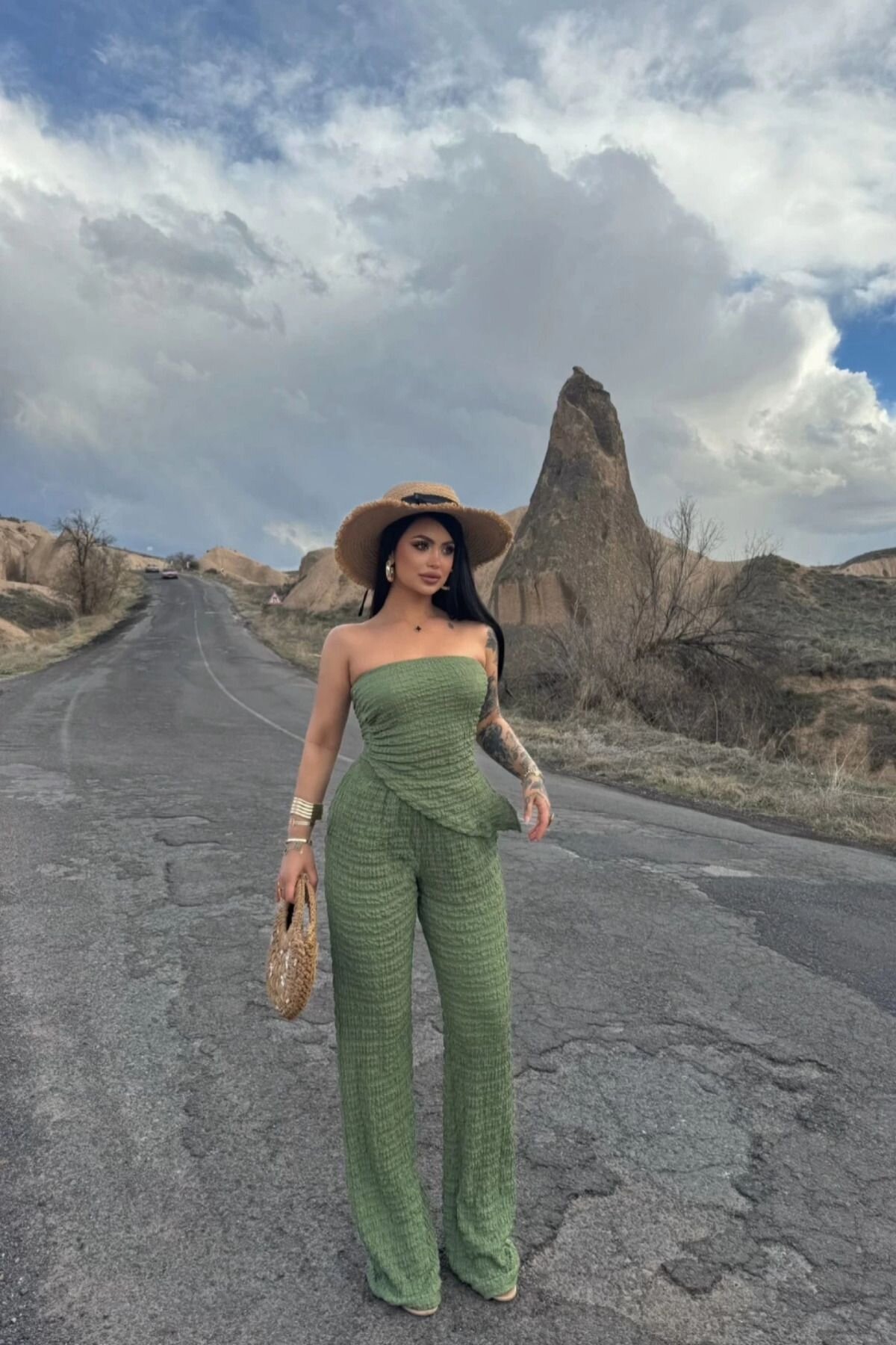 Green Strapless Crop Top and Side Slit Crop Pants Two-Piece Set - MOZENA