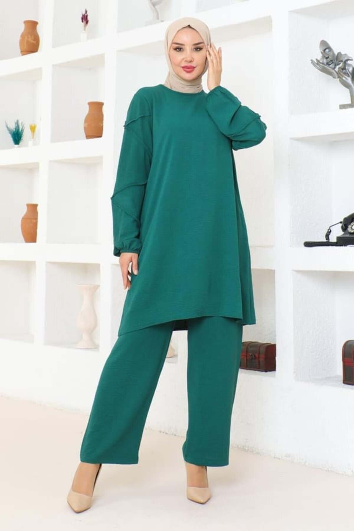 طقم حجاب مزدوج من الأيروبين بتفاصيل أكمام باللون الأخضر الزمردي - Mec Fashion