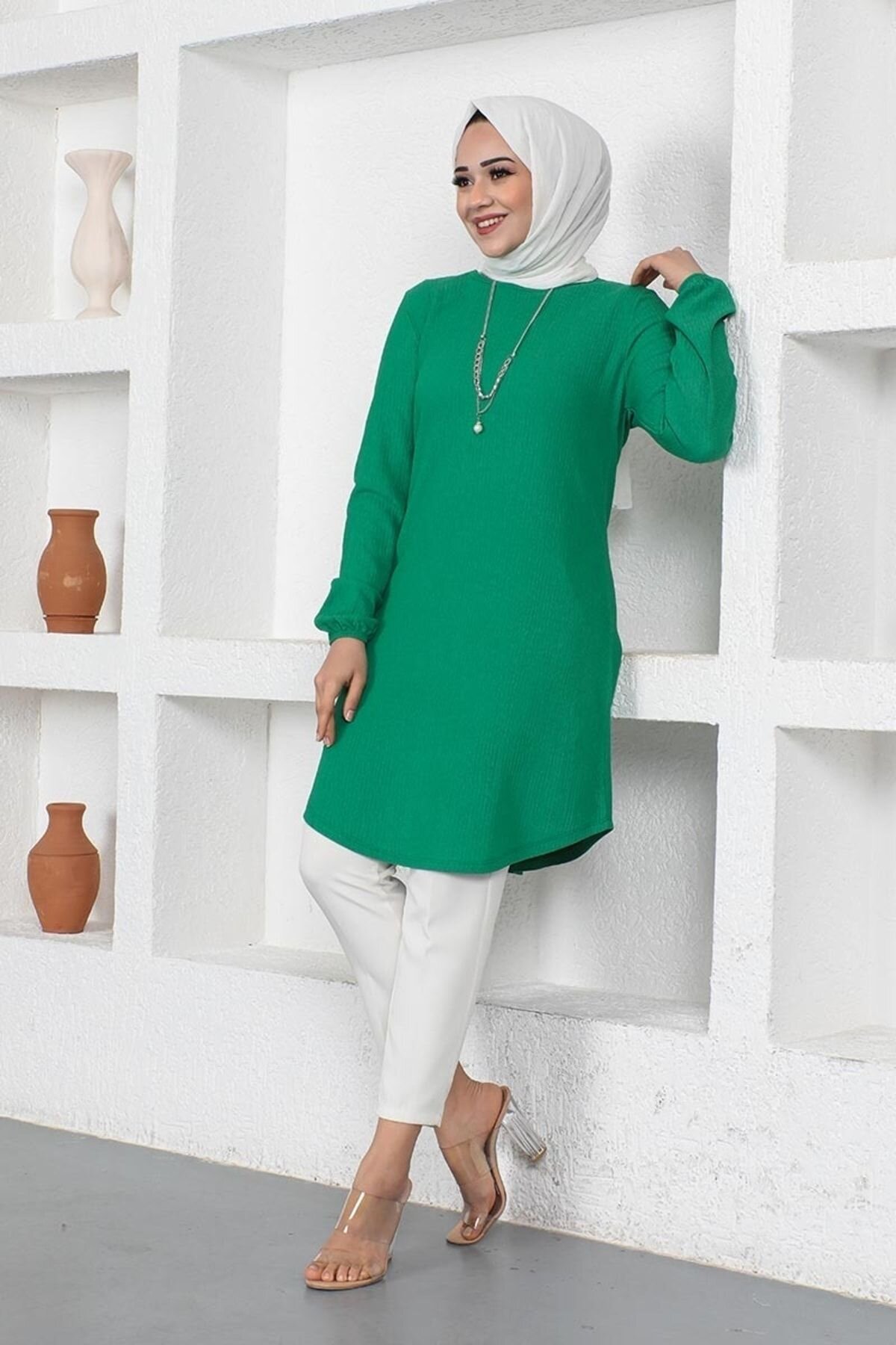 Zümrüt Yeşili Kolyeli Bürümcük Tunik - Mec Fashion