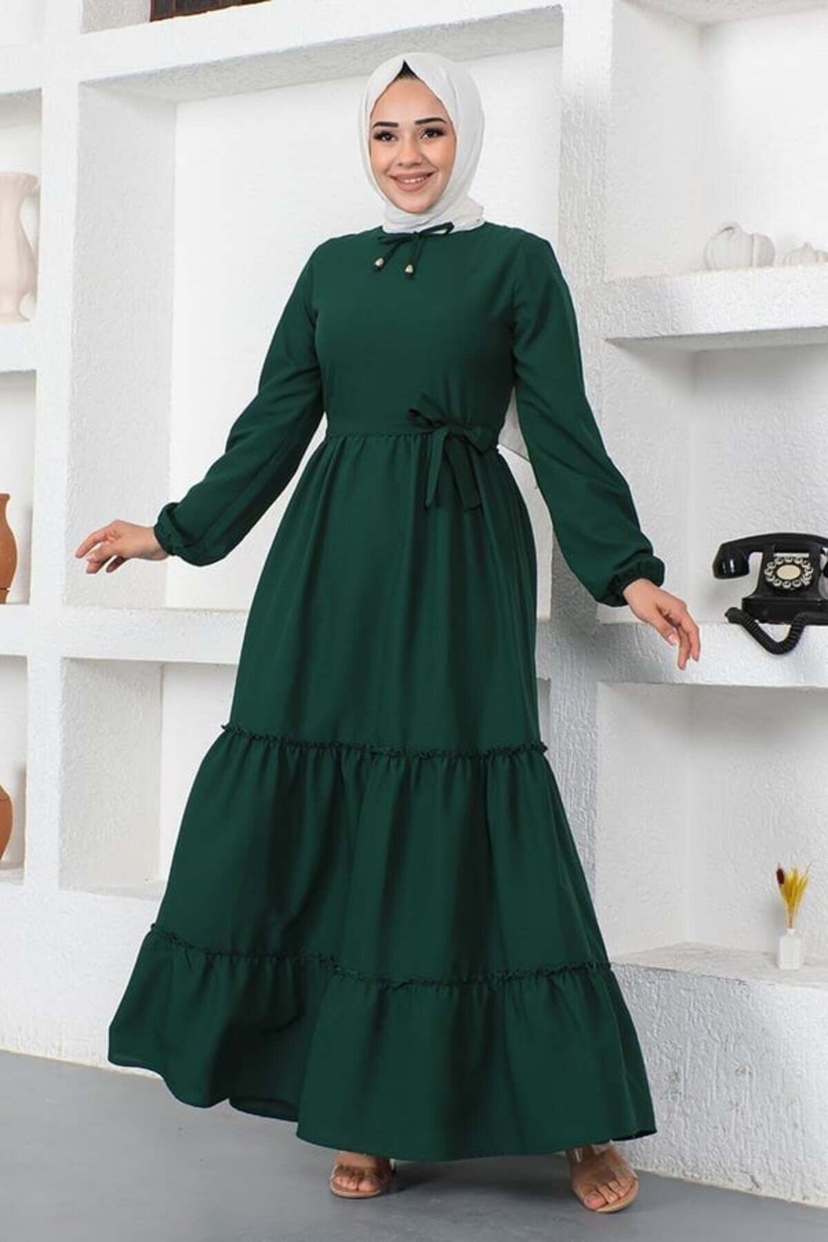 Zümrüt Yeşili Yakası Bağcıklı Patlı Tesettür Elbise - Mec Fashion