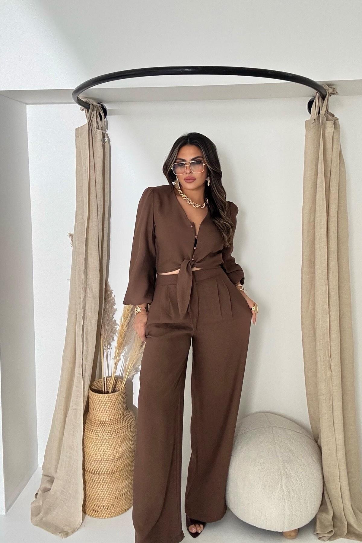 Acı Kahve Bağlamalı Karpuz Kol Crop Pantolon İkili Takım - Sohotique By P