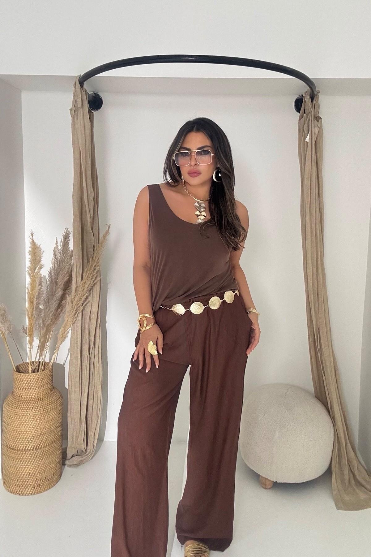 Acı Kahve Büzgü Bel Lastikli Krinkle Pantolon - Sohotique By P
