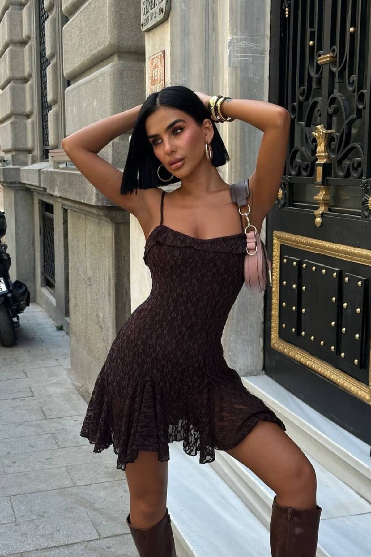Bitter Coffee Mini Adjustable Strappy Lace Guipure Flared Dress - VİSKALİ