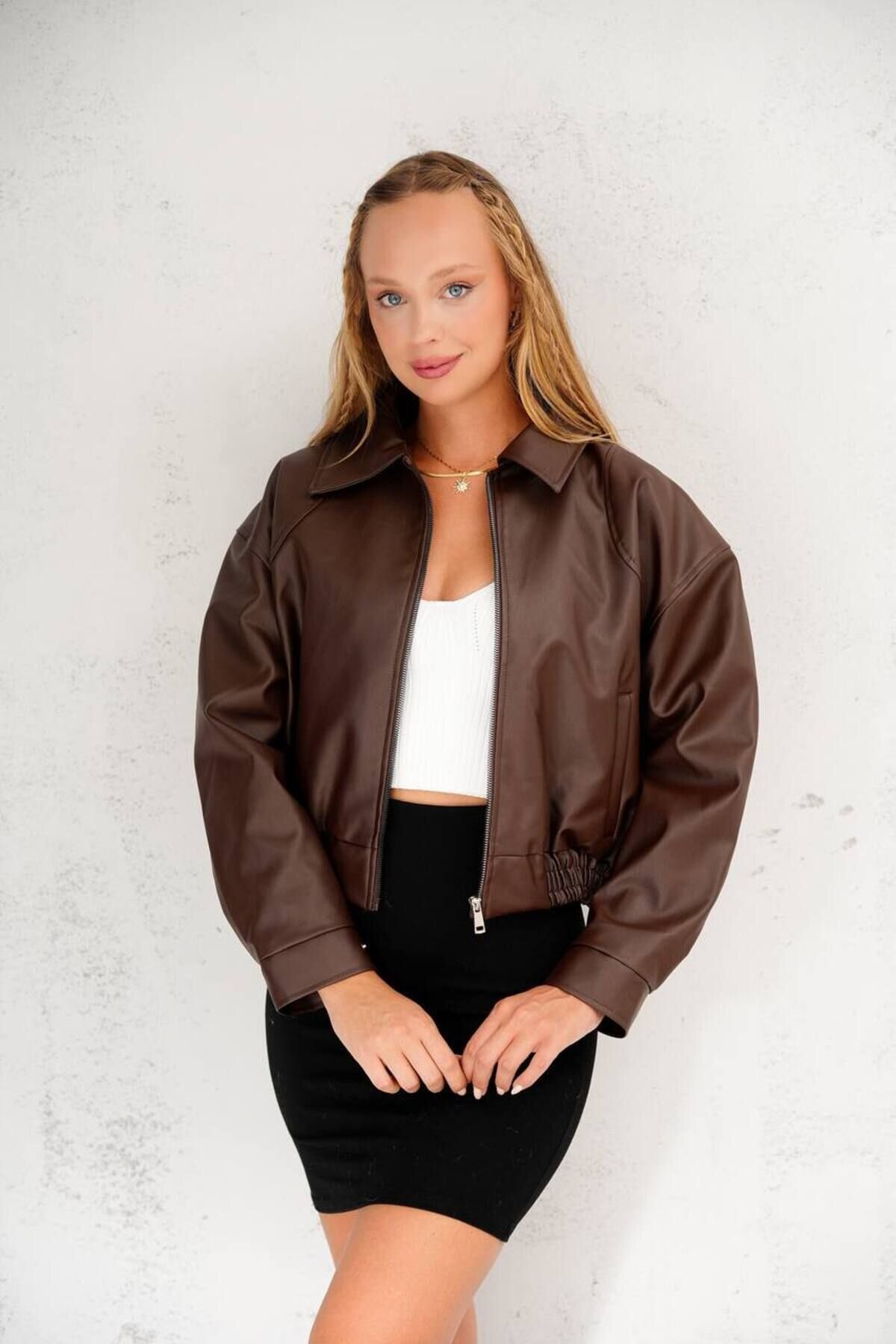 Acı Kahve Oversize Bomber Suni Deri Ceket - İLKCET MODA