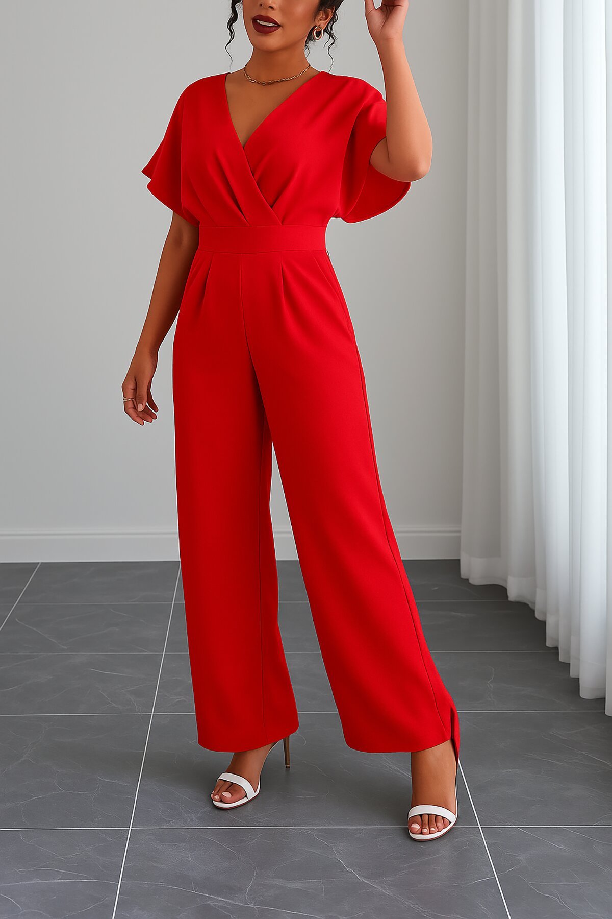 Light Red Short Sleeve Wrap Neck Self-Belted Jumpsuit - Deafox