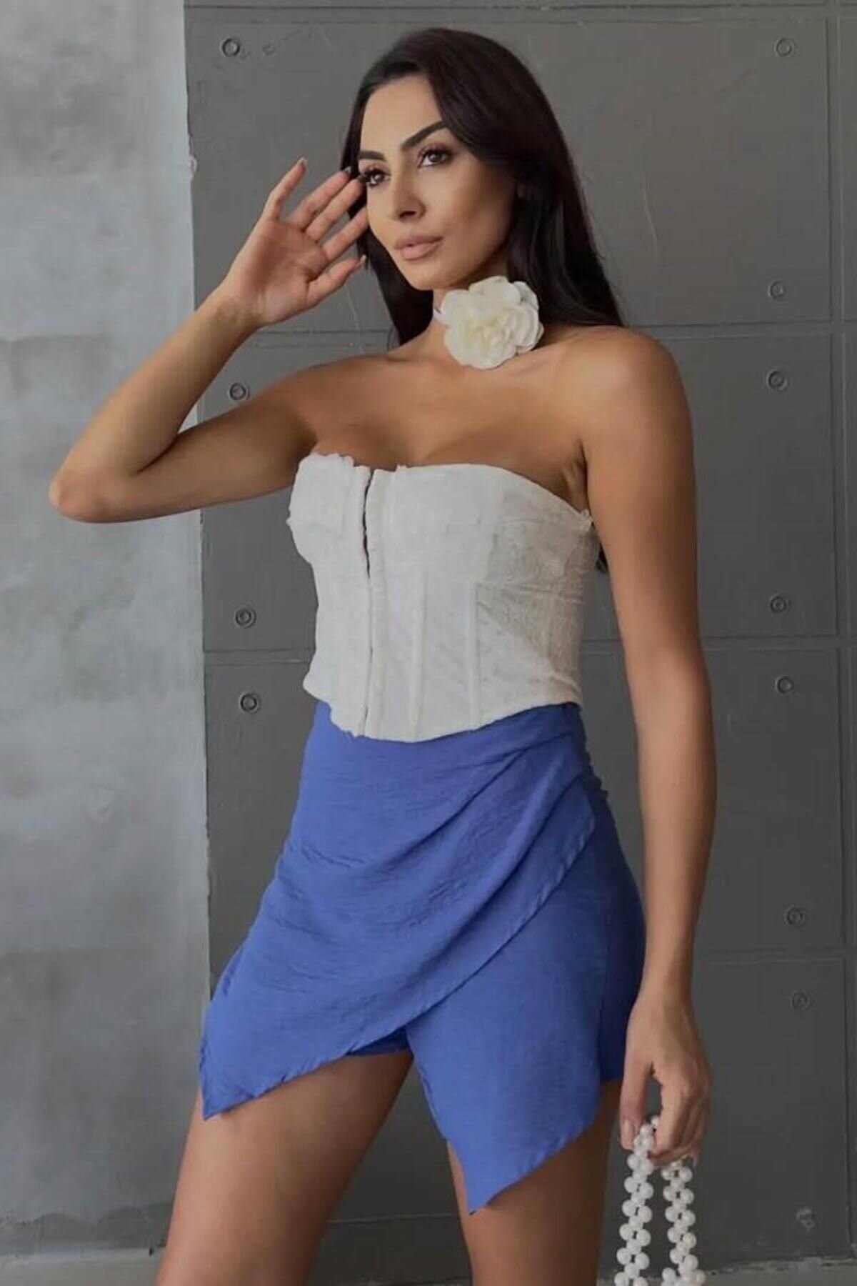 Light Blue Mini Linen Drape Detailed High Waist Slim Zippered Stylish Trendy Summer Skort - Baby Xclub