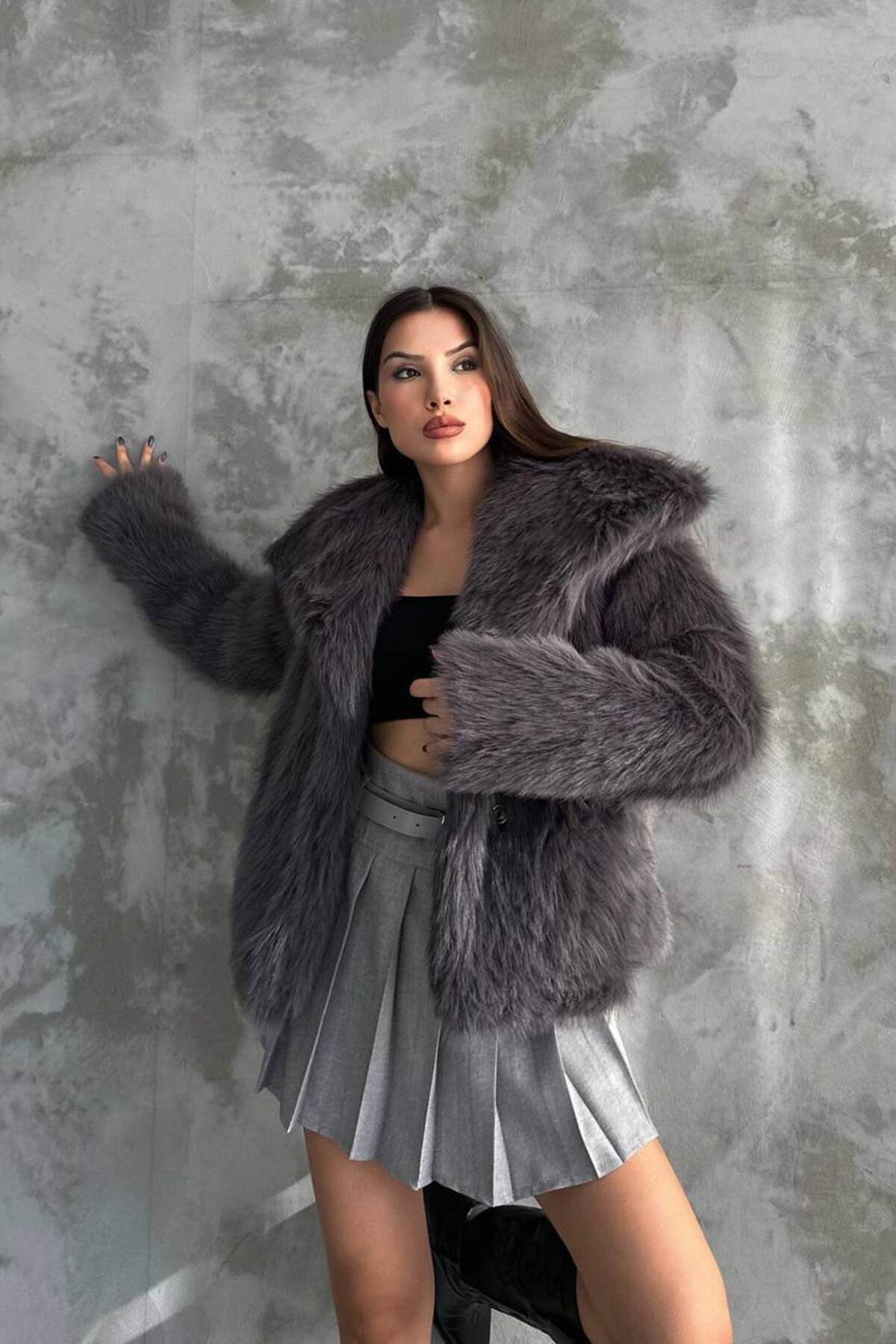 Antrasit Oversize Kürk Kaban - XXL BUTİK