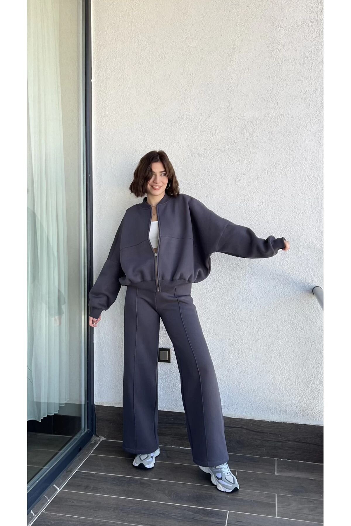 Anthracite Fleece-Lined Three-Thread Tracksuit Set - XXL BUTİK