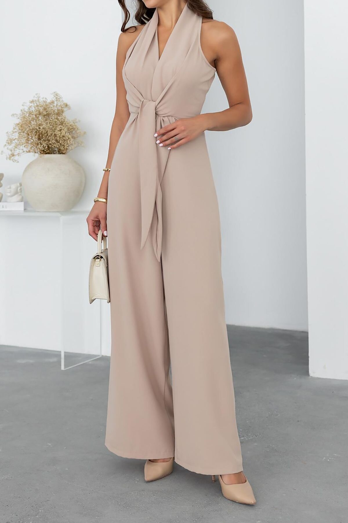Beige Women's Sleeveless Lycra Jumpsuit - XXL BUTİK