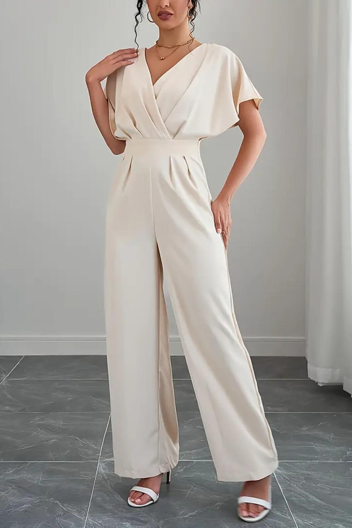Beige Short Sleeve Wrap Neck Self-Belted Jumpsuit - Deafox